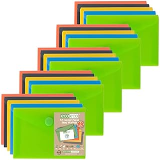 eco-eco A6 50% Recycled Assorted Colours Press Stud Popper Wallet, Plastic Folders (Pack of 5), eco078