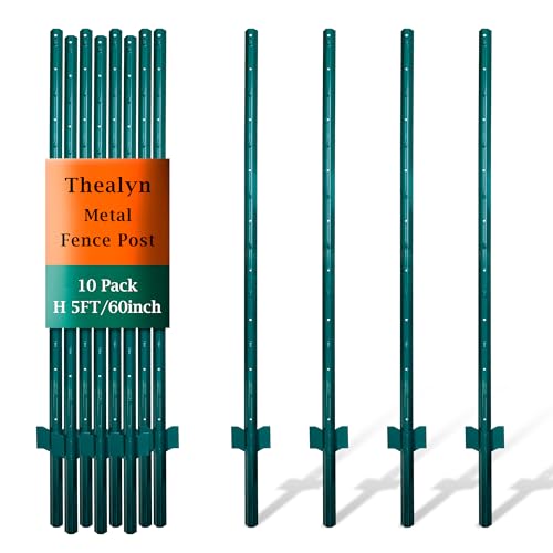 Thealyn - Thealyn Fence Posts 4.8 Feet, Pack of 10, Metal Fence Poles U Post Sturdy Duty Fence Stakes Step in Post No Dig Fence Post for Garden Wire Fence Steel Sign Post (Fits to 4-ft Fence Mesh)
