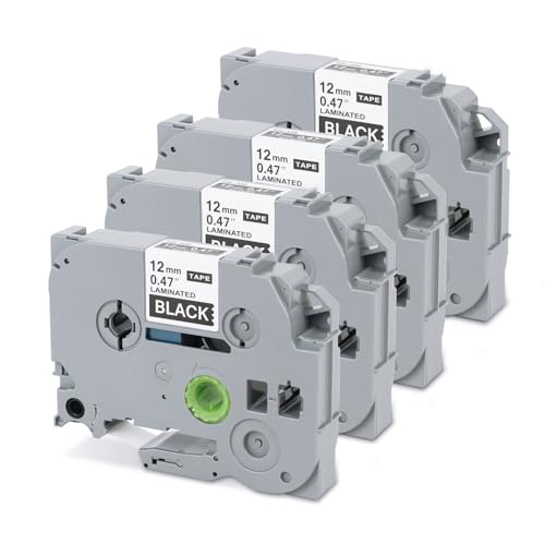 Black P Touch Tape TZ335 Compatible with Brother TZ Tape 12mm 0.47'' Laminated White on Black PTouch Label, 1/2Inch for PTD220 PTD210 PTH110, 4PK