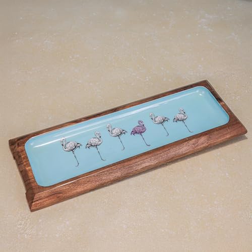Image of Flamingo Fiesta Serving Platter | Acacia Wood Multipurpose Platter for Snacks, Fruits & Desserts | Vibrant Flamingo Design for Home & Kitchen