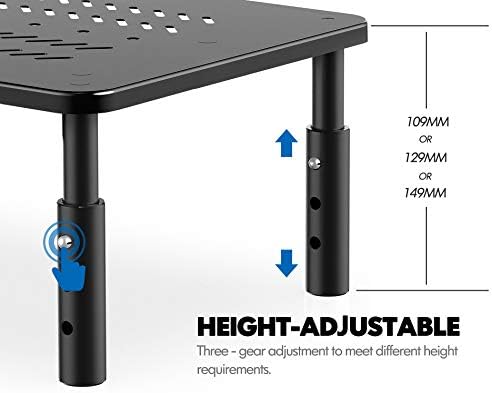 FITUEYES Dual Monitor Stand with Drawer, 3 Shelf Computer Laptop Stand with Adjustable Leg and Vented Shelf, Cellphone Holder, Office Desk Organizer, Up to 20 kg
