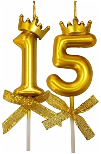 Image of Number 15 or 51 Unscented Candle with Crown for Birthday, Wedding, Valentines Day Celebration, Bachelorette Cake Topper for Decoration, 1 pc, Gold