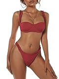 ZAFUL Women's Underwire Bikini Floral V-Wired High Leg Two Piece Bikini Set Swimsuit (3-Chestnut Red, S)