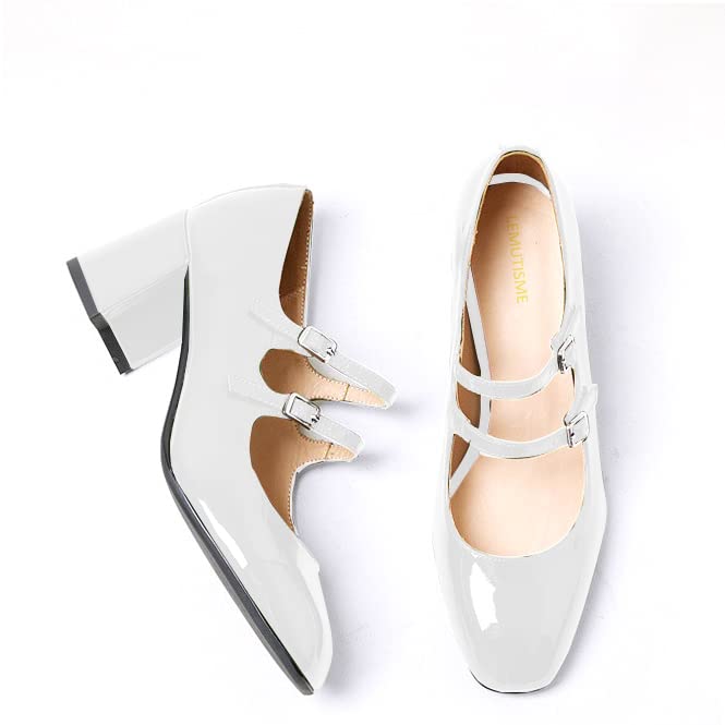Women's Stylish Closed Round Toe Patent Leather Double Monk-Strap Vintage Low Chunky Heel Dress Mary Jane Pumps Shoes White Size 8.53