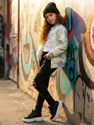 Image of WELAKEN Girls Sequin Sparkle Zip Bomber Jacket | Sequin sleeves, shiny bomber style, ribbed trim, smooth zipper and side pockets for party, dance, school and photos