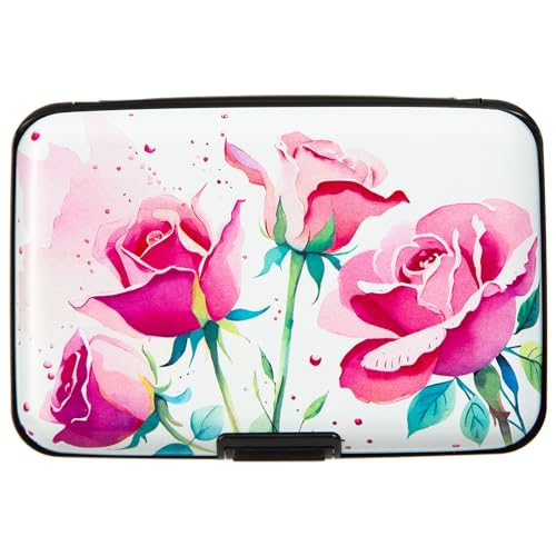 Image of Credit Card Holder Small RFID Blocking Wallet Business Metal Slim Mini Aluminum Hard Case for Women Men Gift, Watercolor Pink Roses, small, Minimalist, Compact, American