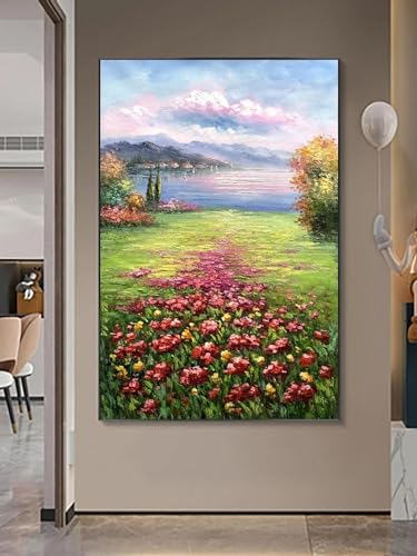 Peinture abstraite moderne de paysage de fleurs avec cadre 70x125 cm pour deco salon