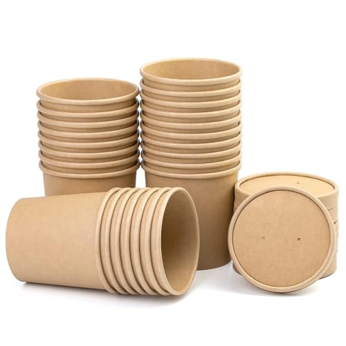 BUOKKON 25 Pack Ice Cream Containers, Soup Containers with Lids, Disposable Cups with Lids, Brown Kraft Soup Cups Paper Bowls Takeaway Tubs for Dessert (16oz / 450ML)