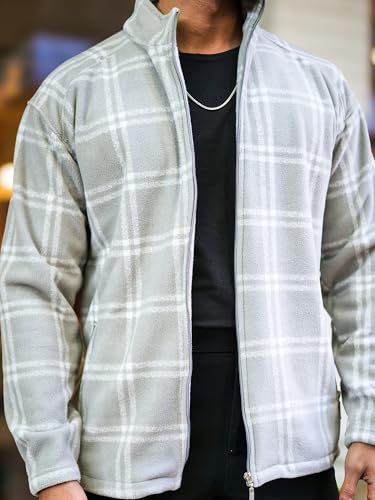 Image of Maniac Mens Checkered Full Zipper Fullsleeve Polyester Blend Fleece Shacket for Men