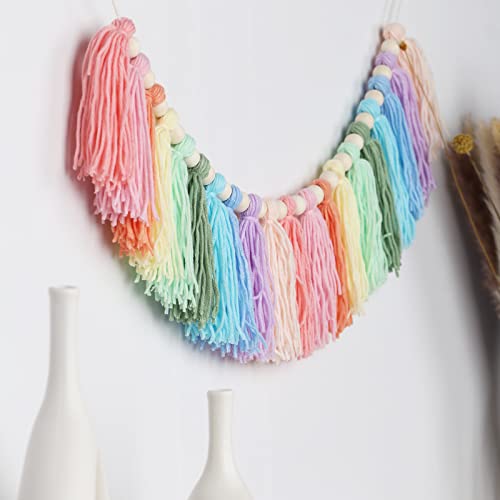 Pastel Rainbow Tassel Garland - Boho Tassel Garland With Wood Beads - Wall Decor For Dorm, Girls Room And Nursery Room For Home Party Baby Shower Supplies (Soft Colors) (C) #TOP5