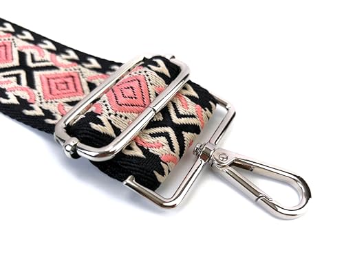 Image of Black Dusty Pink Boho Diamond Purse Strap with Silver Hardware 2 Inch Wide Replacement Crossbody Guitar Style Shoulder Strap for Handbags Totes