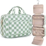 BAGSMART Toiletry Bag Travel Bag with Hanging Hook, Water-resistant Makeup Cosmetic Bag Travel Organizer for Accessories, Shampoo, Full-size Container, Toiletries (Green Checkerboard, Medium)