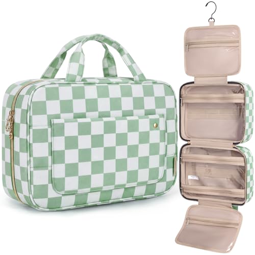 BAGSMART Toiletry Bag Travel Bag with Hanging Hook, Water-resistant Makeup Cosmetic Bag Travel Organizer for Accessories, Shampoo, Full-size Container, Toiletries (Green Checkerboard, Medium)