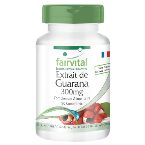 Fairvital | Extrait de Guarana 300mg boite de 3 mois - VEGAN - Fortement dosé - 90 comprimés - Paullinia cupana