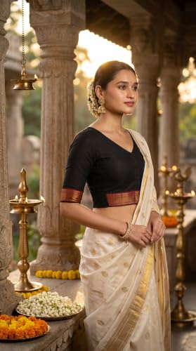 Image of Studio Shringaar Women's Handloom Cotton Stretchable (Smocked) Saree Blouse with Temple Zari Border