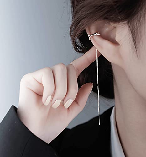 Reffeer 925 Sterling Silver Ear Cuffs Chain Earrings Dangle Threader Tassel For Women Girls Climber Earrings Crawler (A-Silver) #TOP1