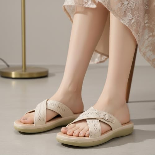 Image of SELBRO Women's Comfort Slip-On Sandals - Lightweight Criss-Cross Strap Flats with Laser-Cut Detail and Cushioned Footbed - Stylish Everyday Walking Flats SAR-CHD126