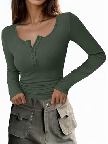 Cicy Bell Damen V Ausschnitt Langarm Oberteile T-Shirts Knopf Gerippte Strick Langarmshirt Slim Fit Basic Henley Tunika Shirts Herbst Winter Oberteile,Armeegrün,L