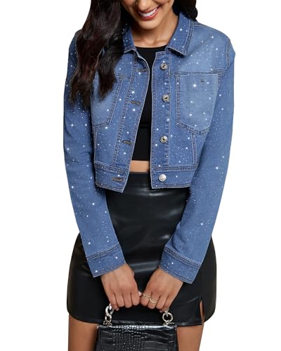 luvamia Trendy Nightfall Blue Cropped Jean Jackets for Women Casual Rhinestone Embellished Going Out Party Short Stretchy Trucker Soft Denim Jacket Women