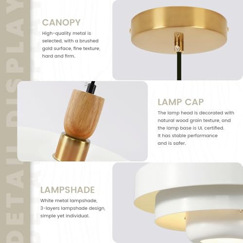 Image of 2-Pack White 3-Tier Pendant Light, Mid Century Modern Metal & Wood Hanging Lamp, Adjustable 59 inch Cord, E26 Base for Kitchen Island Dining Room