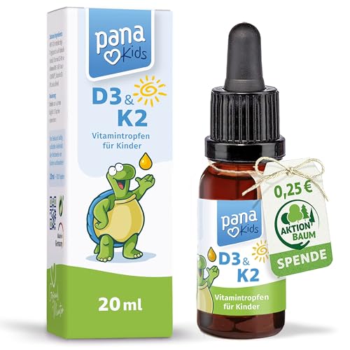 PanaKids Vitamin D3 K2 Tropfen für Kinder - ab 4 Jahren - 100% Vegetarisch - für 350 Tage - 800 IE Vitamin D & 25μg Vitamin K2 - hohe Bioverfügbarkeit - laborgeprüfte Qualität - Vitamin D Kinder