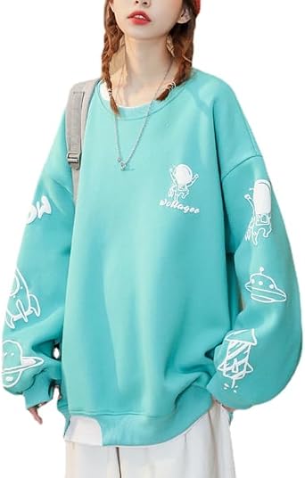 Womens Kawaii Long Sleeve Tops Cute Anime Baggy Crewneck Sweatshirts Harajuku Goth Shirt Y2K Sweatshirt Streerwear