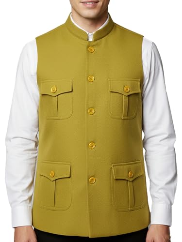 Image of LATEST CHIKAN Men's Nehru Jacket | Ethnic Waistcoat with Mandarin Collar | Premium Textured Fabric | Party, Wedding