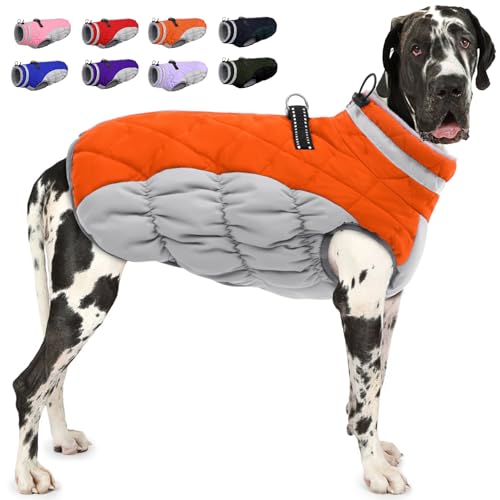 Image of AOFITEE Dog Coat, Warm Dog Winter Coat for Large Dogs, Reflective Turtleneck Dogs Jacket with Harness Built in, Waterproof Windproof Pet Puffer Jacket Fleece Vest for Cold Weather, Orange XXXL