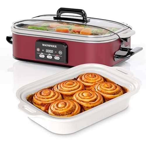 Magnifique 4 Quart Casserole Digital Slow Cooker, Premium Ceramic Bakeware for Oven, Dishwasher Safe Baking Dish, Red