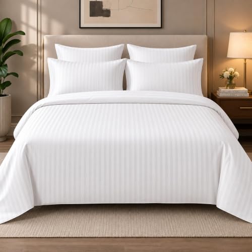 Image of 280 TC Luxurious Glace Cotton Duvet Cover /Comforter Cover /Rajai Cover /Blanket Cover /Quilt Cover King Size 90 inchX100 inch Inches - (White Striped)
