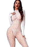 Women Sexy Fishnet Bodysuit, Lace Leopard Jumpsuit Full Body Stockings Mesh Lingerie, One Piece Party Club Rave Outfits Plus Size White