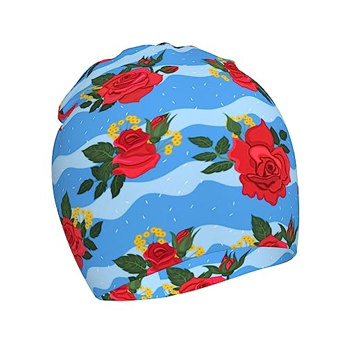 Rqzwdq Red Blue Rose Pattern Kids Beanie Hats Warm Knit Beanie Cap Skull Caps Gifts Decor for Boys Girls