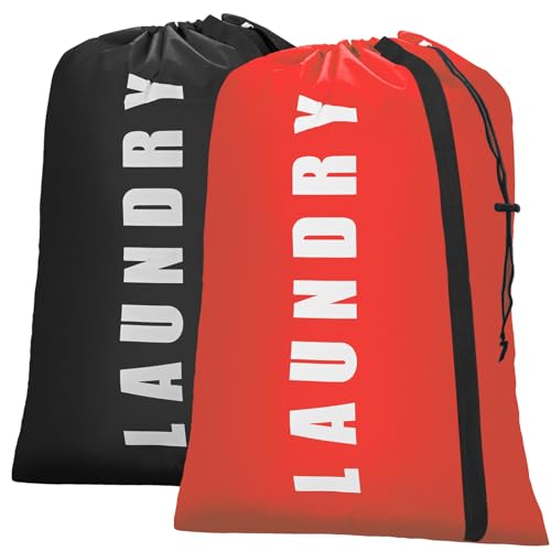 Isink Heavy Duty Laundry Bag with Strap,2 Pack Travel Laundry Bags for Dirty Clothes,24" x 36" Large Laundry Bag for Traveling,Camping,Dorm (Black + Red)