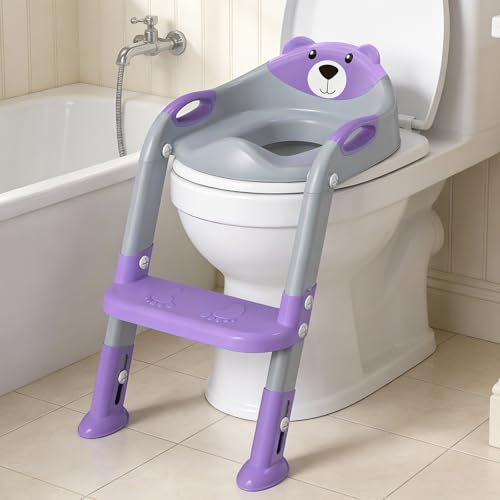 Image of Potty Training Seat, SKYROKU Potty Training Toilet with Step Stool Ladder, for Kids Boys Girls Toddlers - Comfortable Safe Potty Seat with Anti-Slip Pads Ladder (8838-GreyPurple)