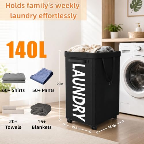 Image of Optish 140L Laundry Hamper with Wheels, Rolling Laundry Basket with Removable Mesh Bag, Extra Large Clothes Hamper for Bedroom, Bathroom, Dorm Room Essentials, Black