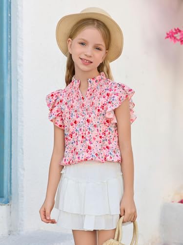 Image of Haloumoning Girls Ruffle Short Sleeve Floral Chiffon Blouses Kids Summer Shirts Tops 5-14 Years