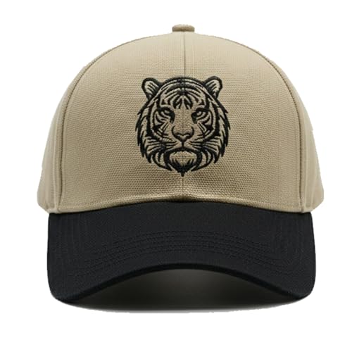 Image of Beige Cotton Baseball Cap with Tiger Embroidery for Men & Women, Adjustable Metal Buckle Strap, Curved Visor Sun Cap for Casual Wear, Travel & Outdoor (Pack of 1)