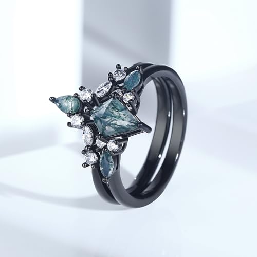 Black Moss Agate Engagement Ring Set for Women - Custom Kite Cut Moss Agate Wedding Ring, Personalized Promise Ring for Her Wife Bridal4