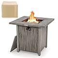 COSTWAY 28" Propane Fire Pit Table, 40,000 BTU Outdoor Propane Gas Fire Table with Wood-Like Tabletop, Lid and Lava Rocks, Square Propane Firepit for Poolside, Garden, Balcony