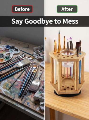 Image of 360 Degree Rotary Brush Holder and Display Drying Rack - Multifunctional Organizer - Hexagonal Holder 24 Brushes, Brush Holder - Artist's Brush, Bamboo - Original (2pcs)
