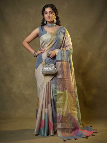 Image of AKHILAM Women's Floral Printed Handloom Cotton Silk Saree with Zari Border and Tassel Pallu Unstitched Blouse Piece | Traditional Ethnic Wear Sarees | Women saree silk | Festive Sari Women's