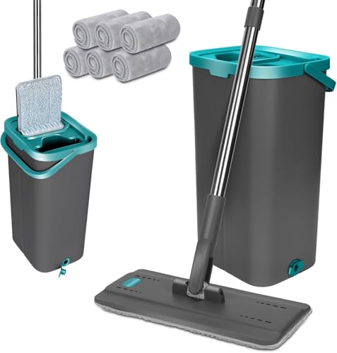 Masthome Fregona Plana y Cubo escurridor, Juego de fregona con Cubo de 140 cm, Mango Largo de Acero Inoxidable y 6 paños de Repuesto de Microfibra para Suelos de Madera, laminados, Azulejos y mármol