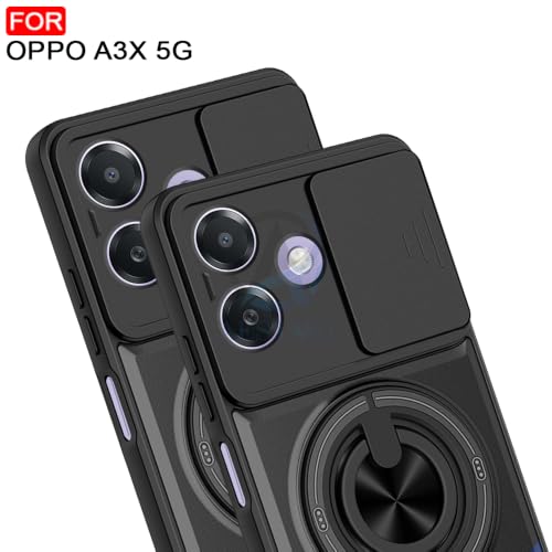 Image of AESTMO Oppo A3X 5G Back Cover | Armor Camera Slider 360 Degree Rotating Finger Ring Holder Case with Bracket Stand Back Case Cover (Compatible with MagSafe Accessories) (Black)