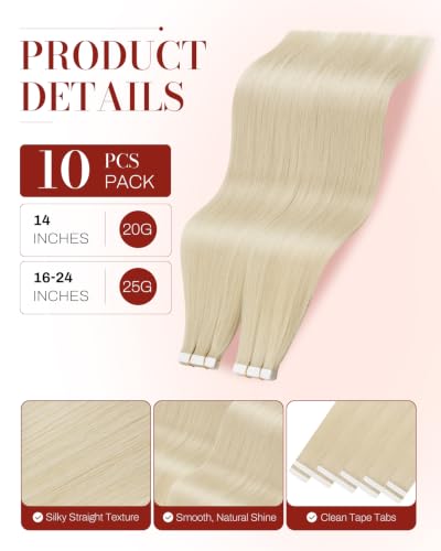 Image of Moresoo Platinum Blonde Seamless Tape in Extensions 24 Inch 10Pcs 25g | Invisible Tape ins, Real Human Hair, Long Hair Styling, Lightweight Wear, Color Accent, Wedding Hairstyle, Party Look