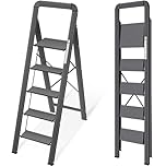 KINGRACK 5 Step Ladder with Handrail, Aluminium Folding Step Stool Portable, Non-Slip Household Stepladder with Wide Platform for Kitchen Pantry Closets Home Office, Maximum Load 150 kg, Black