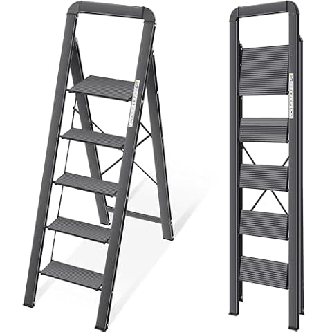 KINGRACK Drabina schodowa, 5 stopni, składana drabina schodkowa z poręczą, antypoślizgowa drabina domowa z zabezpieczeniem składanym, aluminiowy stołek schodkowy, maksymalne obciążenie 150 kg, czarna