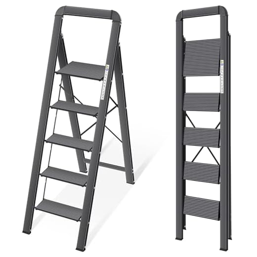 KINGRACK Trapladder, 5 treden, opvouwbare trapladder met leuning, antislip huishoudladder met vouwveiligheid, aluminium opstapkruk, belastbaar tot 150 kg, zwart