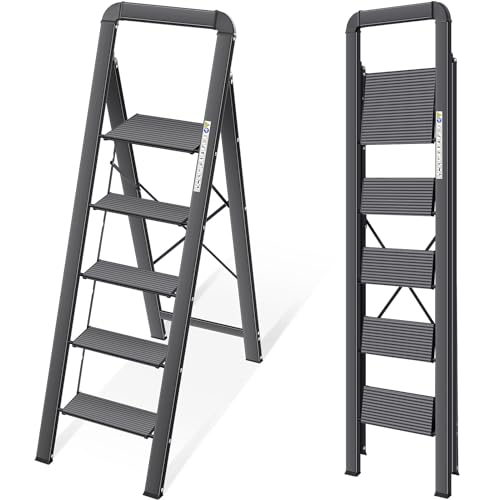 KINGRACK Aluminium 5 Step Ladder, Lightweight Step Stool with Non-Slip Pedals, Handrail, Folding Step Ladder for Kitchen, Garage, Home, Space Saving, Sturdy and Portable, Black by KINGRACK - Used condition - US$84.64