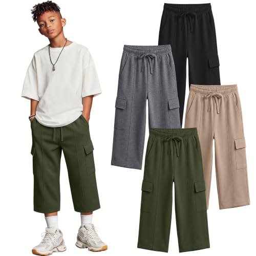 Oakgarden 4 Pack Boys Cargo Capri Pants Kids Baggy 3/4 Sweatpants Teen Casual Straight Leg Pant with Pocket Back to School(Army Green, Black, Khaki, Dark Heather Gray,14-16 Years) by Oakgarden - Used condition - US$17.09