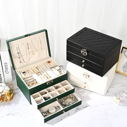 Image of Jewelry Box For Women Girl Wife 3 Layers Large Pu Leather Jewelry Organizer Storage Case With Two Drawers Display For Earrings Bracelets Rings Watches Design Jewelry Box, Jewelry Organizer (Black)